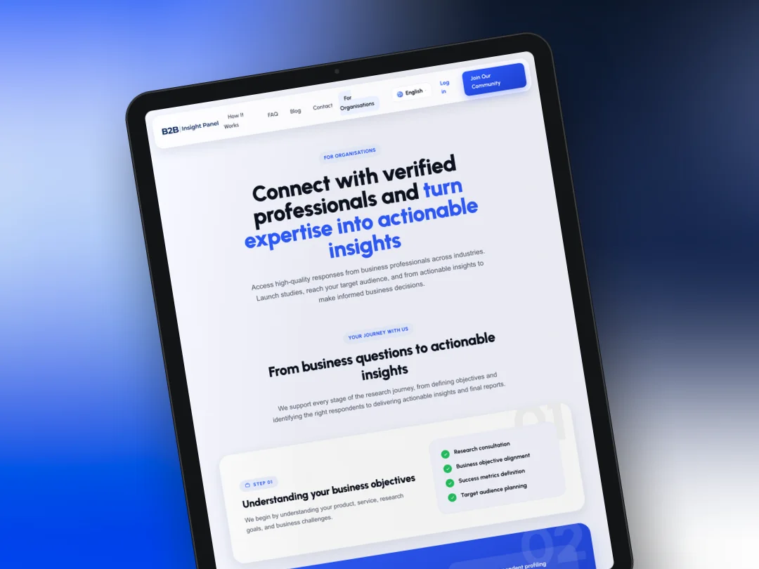 B2B Insight Panel organisations page on a tablet