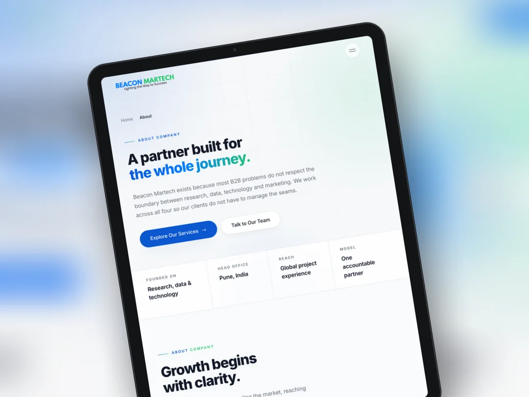 Beacon Martech about page on a tablet