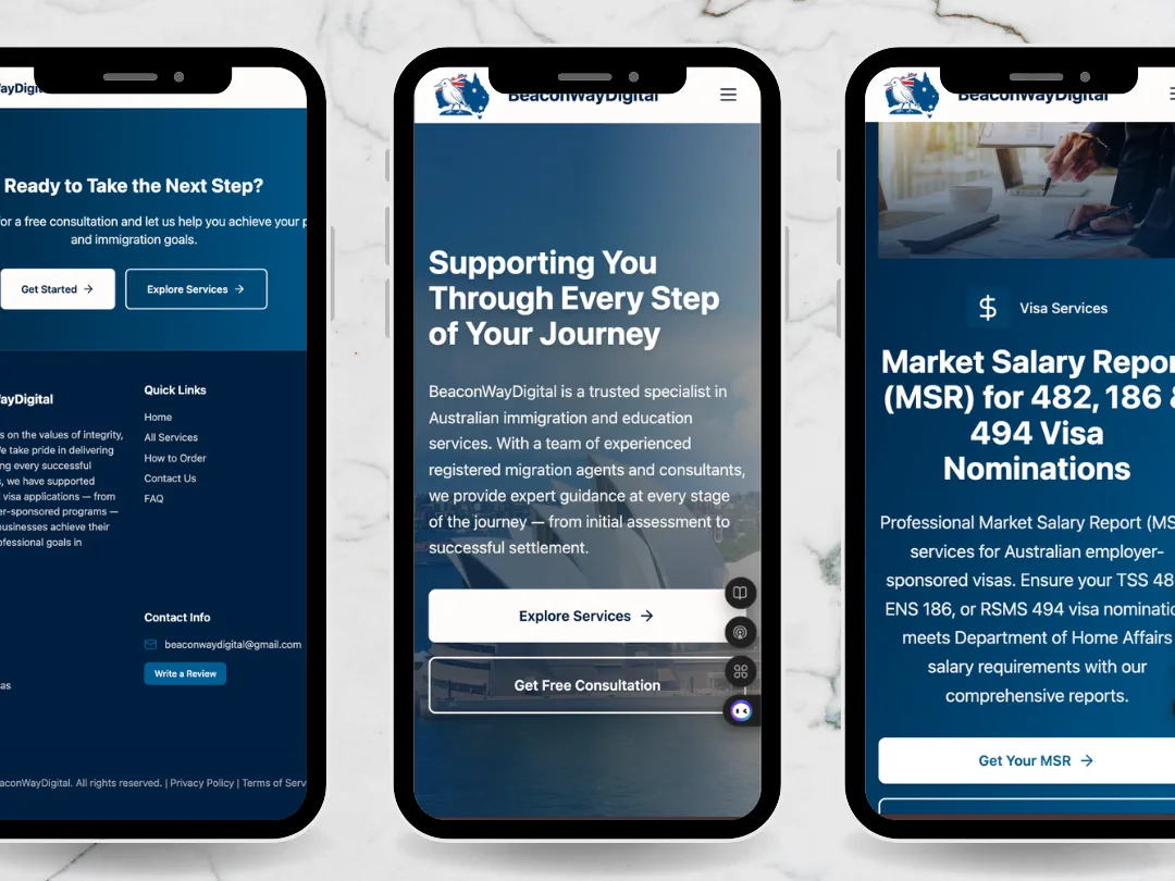 Home, a service page and the footer on mobile