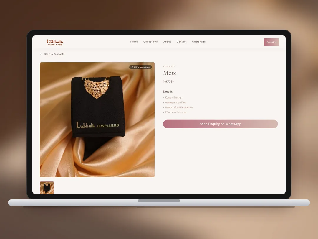A pendant page with purity, details and the WhatsApp enquiry