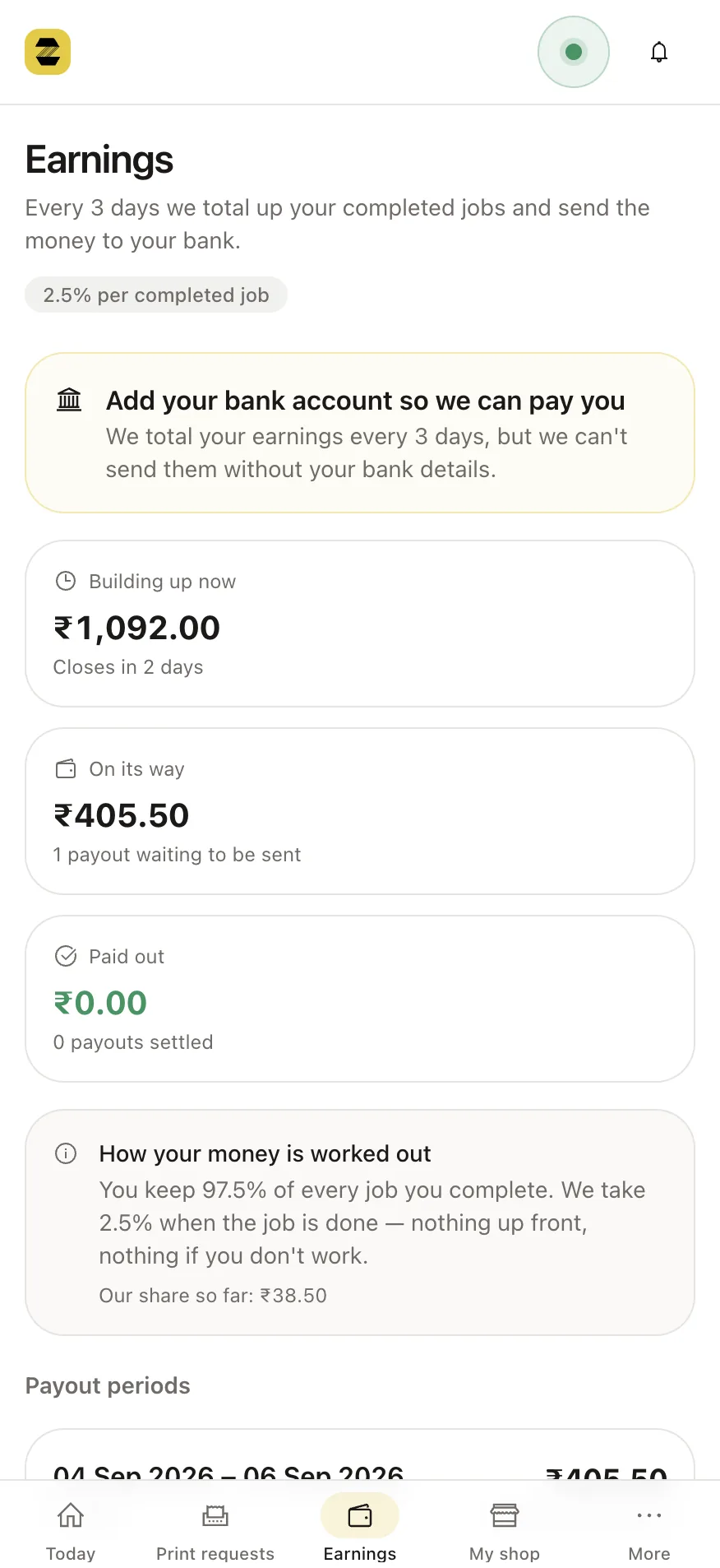 Earnings on the partner app: paid out every three days